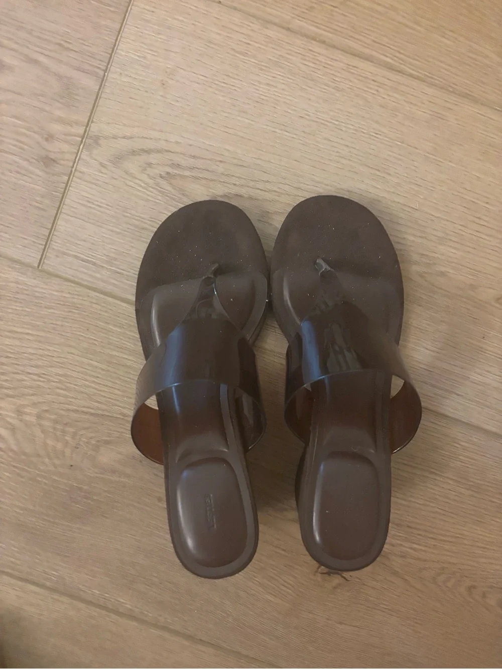 Women’s Brown Wedge Thong Sandals with Gloss Strap
